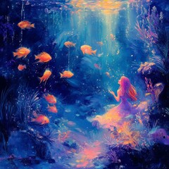 Art Tiny Mermaid Perspective Pastel Playing Scene Coral