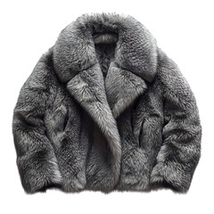 A Gray Oversized Collar Faux Fur Coat Isolated on Transparent Background