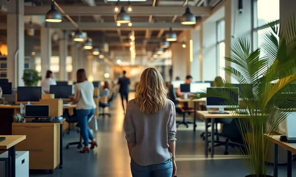 Camera follow the woman walking in office, business concept 