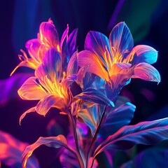Fototapeta premium Vibrant pink and blue flowers with glowing centers against a dark background. Digital art with pointillist effect.