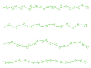 手描きのシンプルなグリーンの植物の線画セット　草花・ラインフレーム