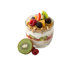 Delicious yogurt parfait with fruits and granola topping. white background