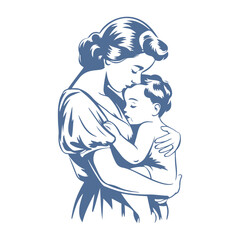 Elegant Mother's Embrace Vector Mother Cradling Her Child Depicted with a Classic Hairstyle and Flowing Dress