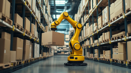 Isometric yellow robotic arm carry cardboard box in warehouse. Automated warehouse. Autonomous robot transportation in warehouses