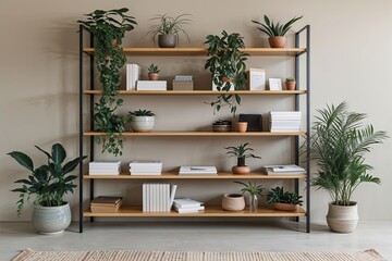 Minimalist Bookshelf Decor with Greenery and Paper on Neutral Background