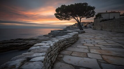 Stunning Sunset Coastal Walkway with Stone Wall and Pine Tree