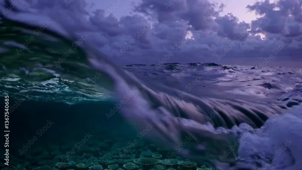 Poster mesmerizing ocean overunder transition captures twilight waves and coral reefs