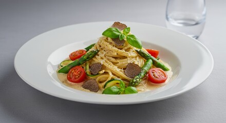 Elegant culinary creation, pasta with truffle and fresh vegetables on white plate