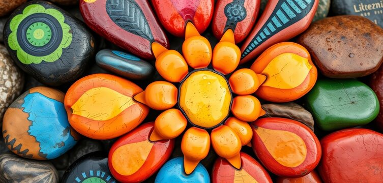 Vibrant painted stones forming a floral design, close-up, hobby, colorful design