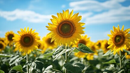 Obraz premium Vibrant sunflowers stretch towards the bright summer sky, a captivating floral scene