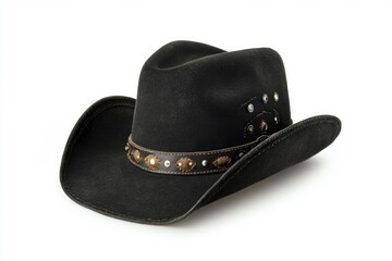 Black cowboy hat with wide brim on white background. Neural network AI generated