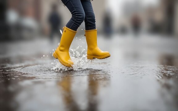 Person jumping in a puddle with yellow rain boots