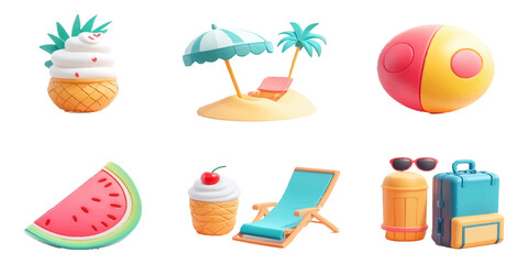3D summer icon set, beach ball and sun on a white background