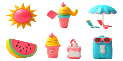 3D summer icon set, beach ball and sun on a white background