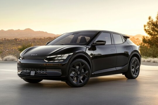 Sporty electric crossover in matte black, large alloy wheels, and a bold grille.