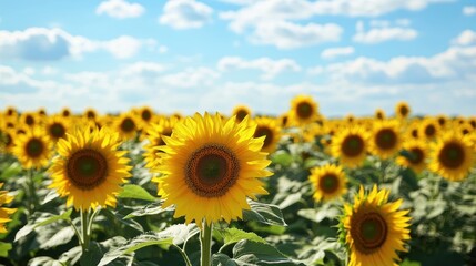 Obraz premium Golden Sunflower Field Under a Sky Canvas: An Ode to Summer Radiance