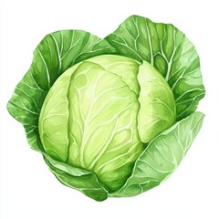 Fototapeta premium Watercolor cabbage illustration nature art green environment close-up freshness concept, isolated on white background
