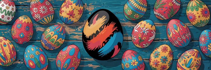 Vibrant Hand-Painted Easter Eggs with Unique Artistic Patterns Colorful Designs Arranged on Rustic Blue Wooden Surface with Festive Spring Elements for a Cheerful and Joyful Easter Holiday Celebration
