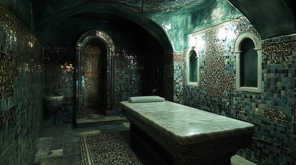 Fototapeta premium A luxurious spa interior featuring a marble table and tiled walls