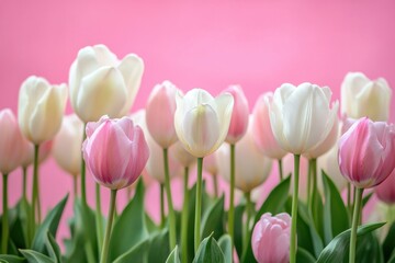 Fototapeta premium A delightful array of pink and white tulips blooming against a vibrant pink backdrop creating a soft floral scene