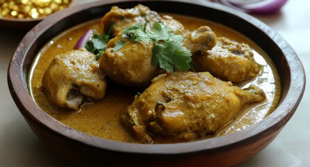 Creamy Chicken Curry in Wooden Bowl with Spices