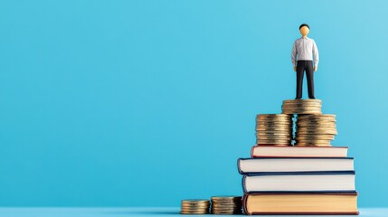 financial success freedom mindset concept. A figurine stands atop stacked books against a blue background.