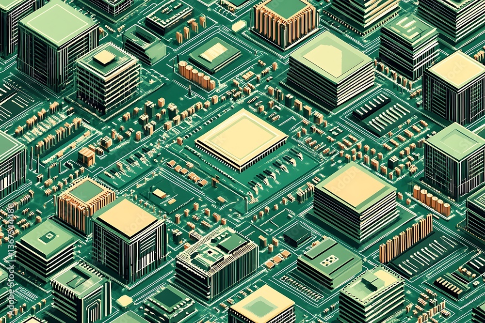 Poster a sleek digital illustration of a continuous high-tech circuit network.