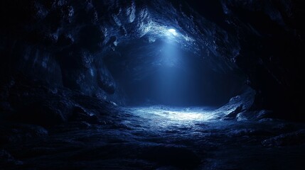 Glowing organic compounds in a mysterious underground cave, rocky textures bathed in faint light beams, evoking a sense of discovery.