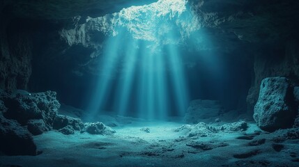 Obraz premium Glowing organic compounds in a mysterious underground cave, rocky textures bathed in faint light beams, evoking a sense of discovery.