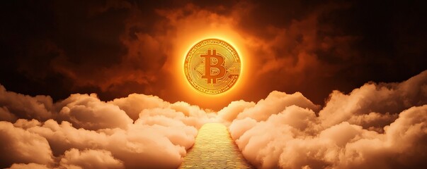financial success freedom mindset concept. A Bitcoin symbol shines above clouds in a dramatic golden sky.