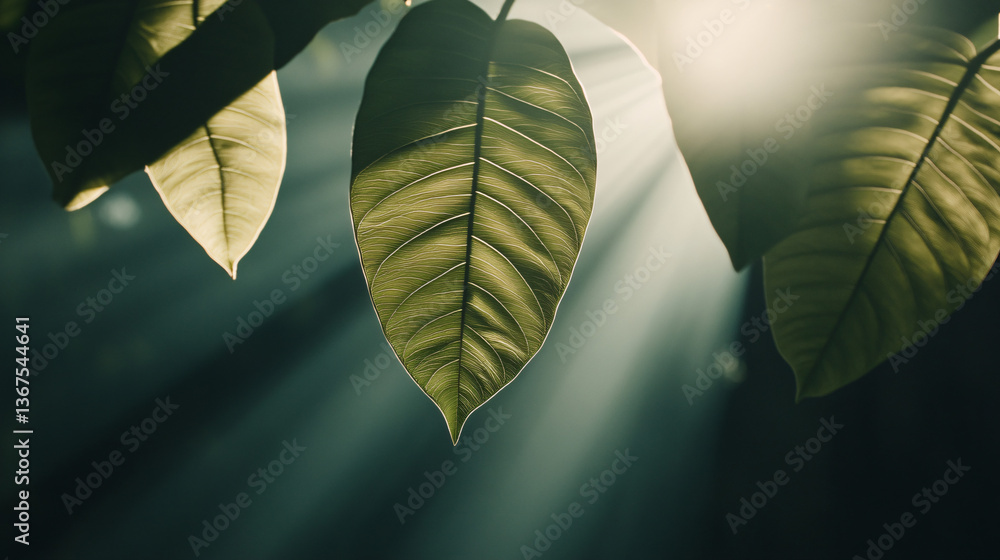 Poster captivating leaf with light filtering through its structure creating a beautiful natural illuminatio