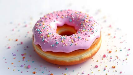 A unicorn donut with pastel colored frosting and edible glitter on a white background.