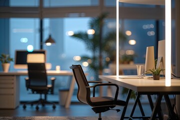Tranquil Blurred Contemporary Workspace with Stylish Lighting and Peaceful Design