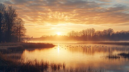 Obraz premium Idyllic golden sunrise reflecting on a tranquil lake with ducks in a scenic area