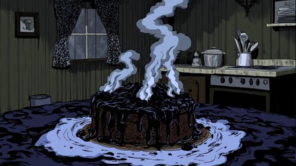 Dark cake burning in a spooky kitchen