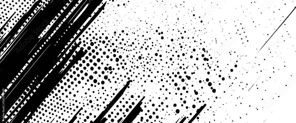 Poster vector abstract black background with halftone dots and brush strokes with rough dirty grainy design