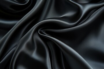 Fototapeta premium A close up view of draped black satin fabric with soft folds and gentle curves creating a luxurious texture