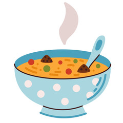 Hot soup with meatballs. Vector illustration in flat style, isolated on white