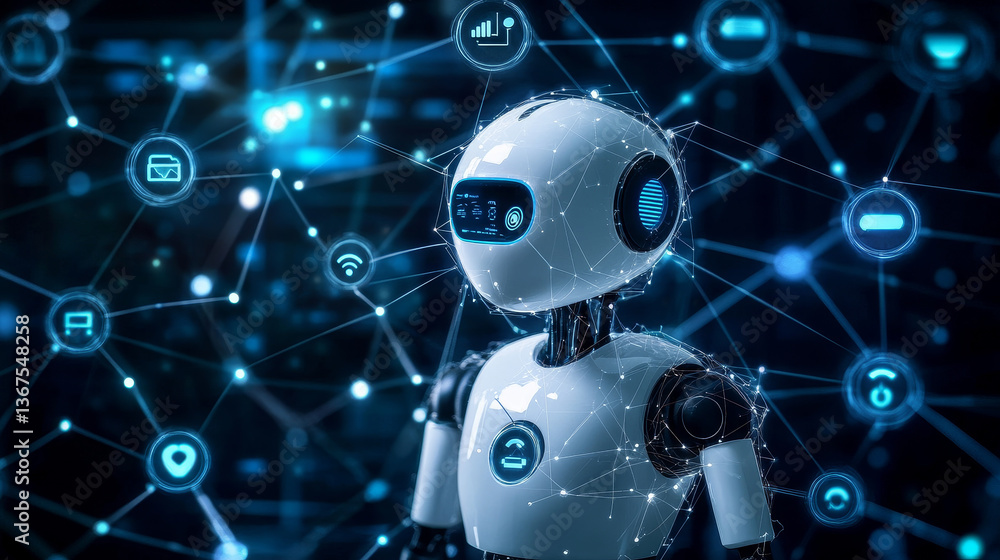 Poster isometric artificial intelligence. chatbot and future marketing. ai and business iot concept. dialog