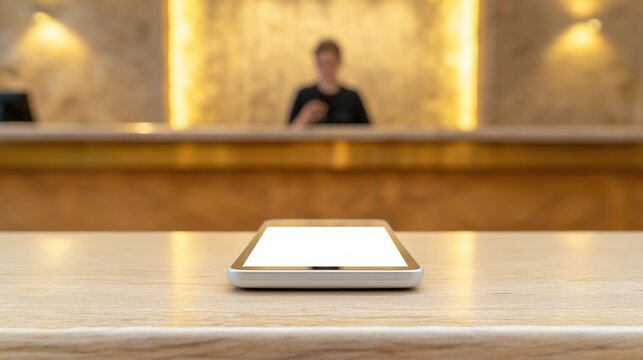 Smartphone on Counter with Blurred Receptionist in Modern Lobby of a Hotel or Office Environment