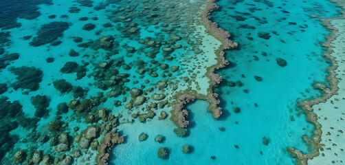 Fototapeta premium Aerial View of Coral Reef Formation in Tropical Turquoise Ocean Water