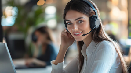 Isometric Communication support phone operator, Call center and Customer service help desk. Service desk consultant talking on a hands-free phone.