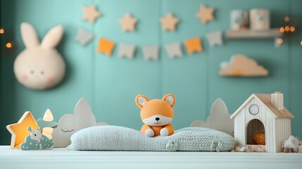 Adorable pastel nursery room decor with plush toys