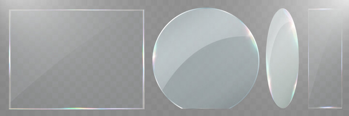 Transparent glass shapes set with glossy reflection, abstract geometric elements for modern design, UI, and decoration.