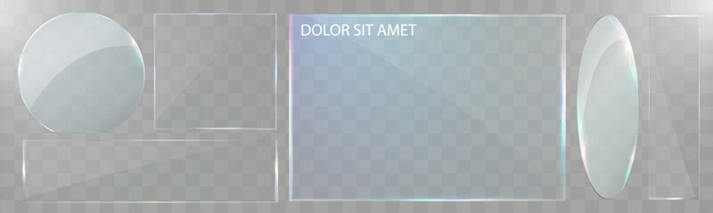 Transparent glass shapes set with glossy reflection, abstract geometric elements for modern design, UI, and decoration.