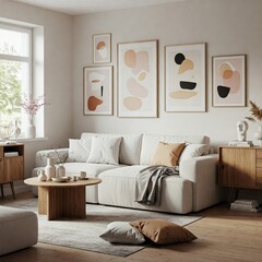 Template stylish living room design modular white sofa wooden decor