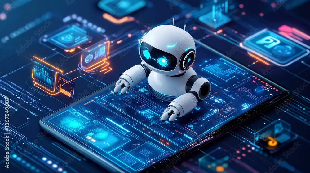 Poster isometric artificial intelligence. chatbot and future marketing. ai and business iot concept. dialog