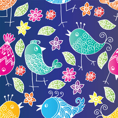 Seamless pattern with birds and flowers on blue background. Vector illustration.