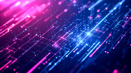 Fototapeta premium Futuristic digital network with pink and blue glowing lines and nodes connecting in a grid-like pattern, symbolizing connectivity.