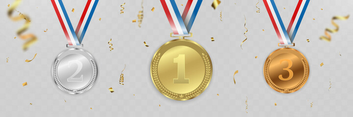 Realistic award medal set with gold, silver, and bronze prizes, podiums, ribbons, and confetti for victory, competition, and championship design.
